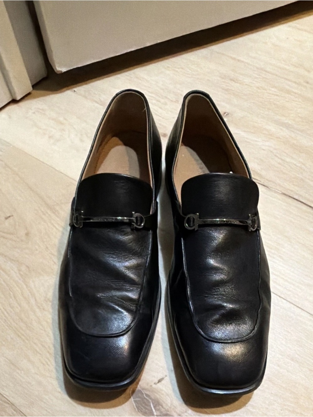 Salvatore Ferragamo Ferro Black Leather Square Toe Loafers 9.5E